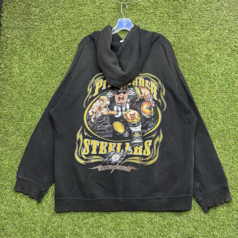 Vintage Pittsburgh Steelers Hoodie Mens XL Black NFL Grinding Out Y2K Sweatshirt